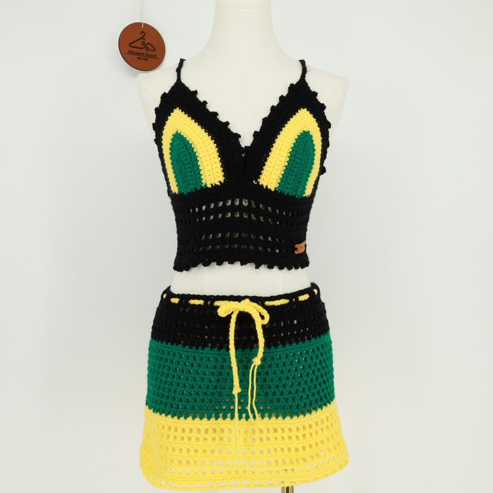 Handmade Crochet Jamaican Colors Two Piece Set Crop Top Mini Skirt M/L Boho
